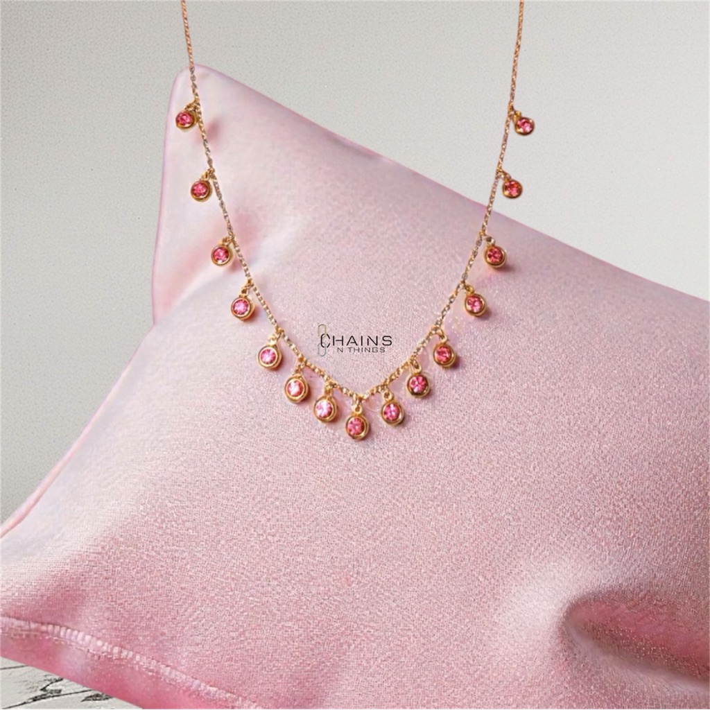 Elegant Pink Rhinestones Gold Plated Over Stainless Steel Dangling Necklace 17